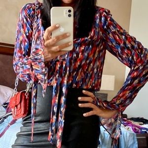 HOUSE OF HARLOW 1960 X REVOLVE JOLI TIE CUFF BLOUSE IN BLUE MULTI SIZE XS!